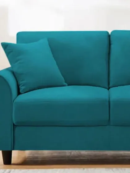A comfortable and classic sofa design in a beautiful teal fabric. The gently curved armrests and included throw pillow add to its cozy appeal.