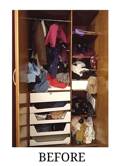Before: A wardrobe belonging to a student, cluttered and overwhelming. It doesn't have to be a fancy space to be organized.