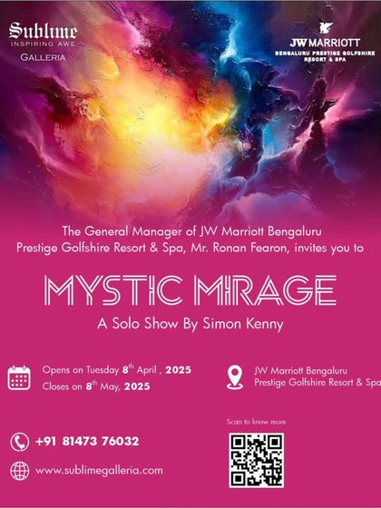 Invitation for 'Mystic Mirage' by Simon Kenny at JW Marriott Bengaluru, showcasing a cosmic, nebula-like abstract painting.