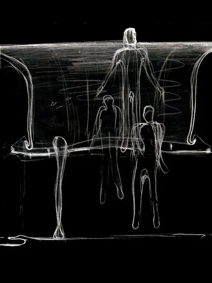 An initial concept sketch for the store's interior. This drawing explores the fundamental idea of suspending forms and figures within a defined architectural volume, which became the guiding principle for the final design.