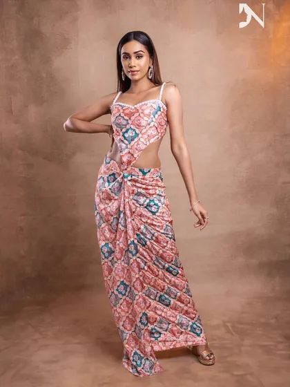 A full-length shot of the "no-makeup" look, paired with a modern, printed co-ord set.