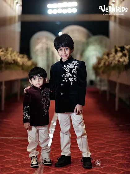 Two brothers, two custom Indo-western outfits, and double the cuteness. Our bestselling velvet jackets, tailored and personalized for each brother, make for an adorable and stylish duo.