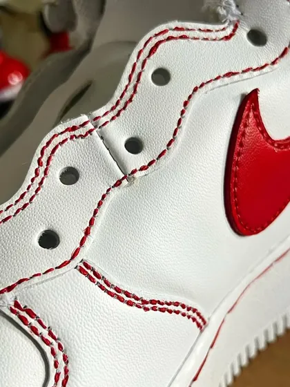 Another detail shot of the hand-painted red stitching on the custom AF1s.