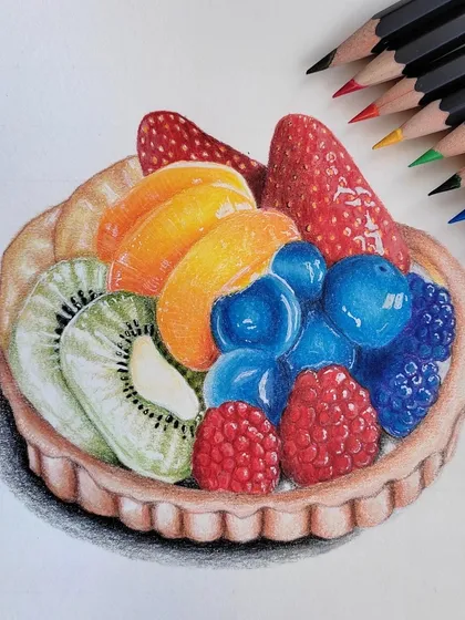 A delicious-looking fruit tart drawn with colored pencils. I focused on making the fruits look juicy and fresh, and the pastry perfectly baked, showing my skill in realistic still life art.