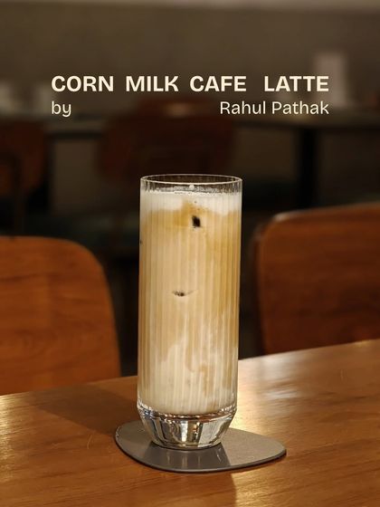 The Corn Milk Cafe Latte, created by Rahul Pathak for our Trial Tuesday. This innovative drink uses the subtle sweetness of corn milk to create a unique and creamy iced latte.