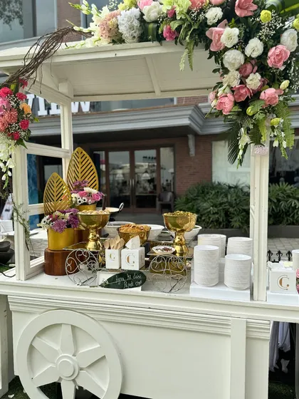 A beautifully styled chaat station on one of our white carts. The golden serving dishes and floral arrangements elevate this street food favourite into a gourmet experience.