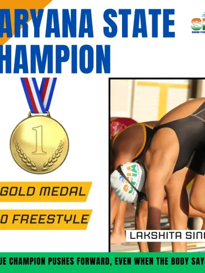 Lakshita Singh stands on the block, focused and ready. She became the Haryana State Champion in the 100 Freestyle, a race won with a combination of speed and perfect technique.
