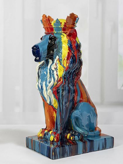 A regal lion figure gets a pop art makeover with a crown and a coat of vibrant, flowing colors. This piece combines traditional symbolism with a contemporary, artistic twist for a truly unique look.