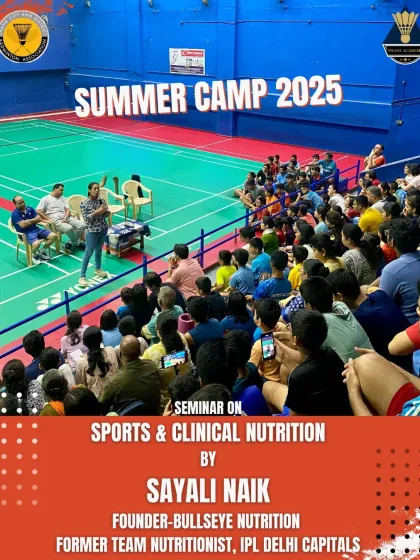 A champion's performance is fueled by the right nutrition. This image captures a packed seminar on Sports & Clinical Nutrition led by Sayali Naik, former nutritionist for the IPL's Delhi Capitals. This is a key part of our "sarvangin vikas" or all-round development approach.