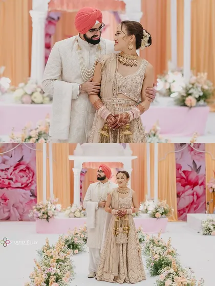 A collage of the couple during their Anand Karaj, showing their beautiful coordinated pastel outfits and the elegant decor.