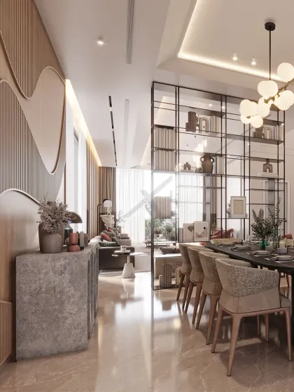 A metal and glass shelving unit acts as a permeable divider between the dining and living areas, defining the space while allowing light and views to pass through.