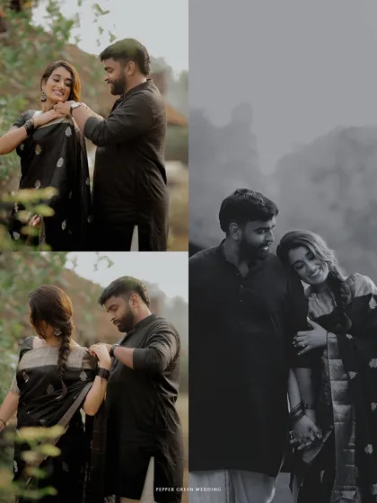 A collage capturing the tender and playful moments of a pre-wedding shoot, blending color and monochrome to highlight different emotions.