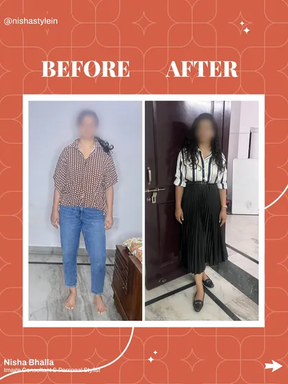 Before & After: This client's transformation shows the impact of moving from a basic, shapeless look to a structured and intentional outfit. The pleated skirt and tucked-in shirt create a defined, professional silhouette.