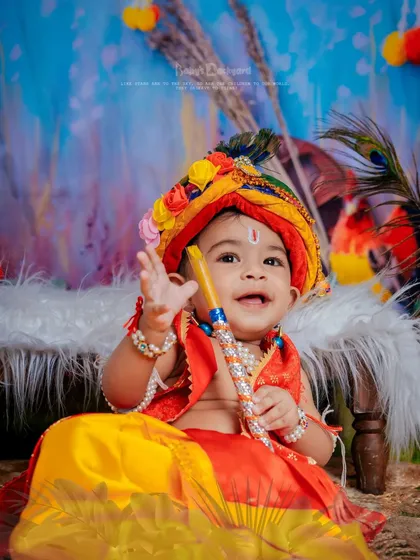 Our little Krishna, bringing so much joy and mischief. We love creating these vibrant, traditional photoshoots that celebrate our culture with a touch of divine cuteness.