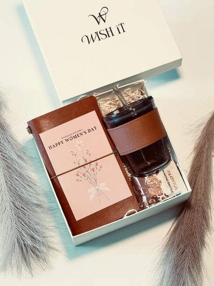 The "Corporate Luxe Kit" for Women's Day. This premium set featuring a Travello Mug and Diary is a practical and elegant gift that can be customized with your company's logo.