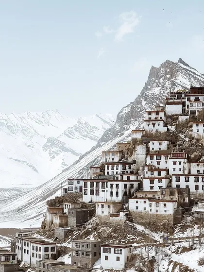 A shot of the Key Monastery looking like a fortress in the snow. This is the kind of view that makes you feel like you've stepped into a dream. Winter in Spiti is truly something else.