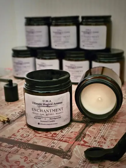 The 'Enchantment' candle, featuring a White Oud fragrance. This is one of my more luxurious scents, perfect for a premium white-label product line or an exclusive corporate gift.