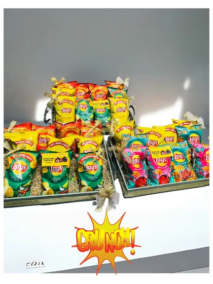 Another view of the 'Crunch Mode' hampers, ready for delivery. I can create large quantities of themed gifts that perfectly match a brand's campaign or event aesthetic.