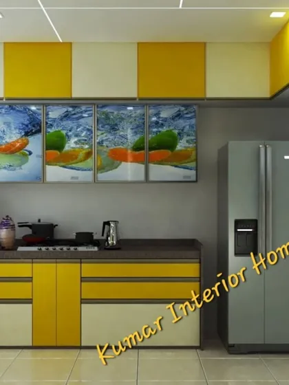 This view shows the kitchen's proximity to the living area, highlighting the open-plan design. The yellow and white theme adds a cheerful vibe to the entire space.