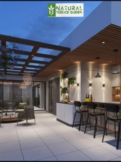 Proposed design for a large terrace bar in Janakpuri, seamlessly integrated with a covered seating area. The extensive shelving provides ample storage.