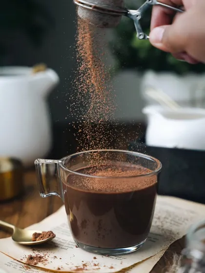 It's hot chocolate season all year round. This action shot captures the dusting of cocoa powder over a warm cup, with a simple, rustic styling that feels timeless.