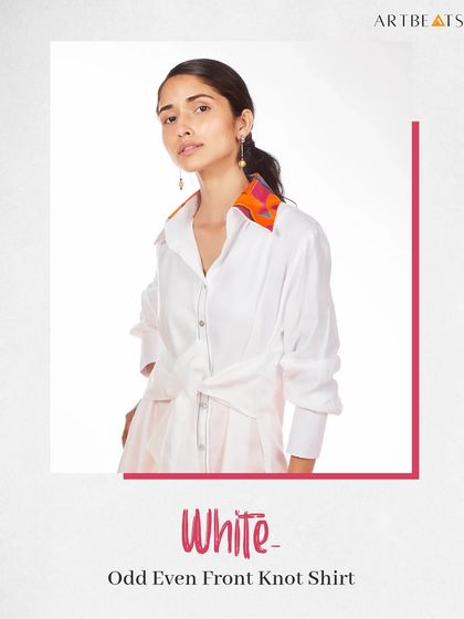 The Odd Even Front Knot Shirt for women. This white shirt features the same colorful art detail on the collar, offering a chic and artistic twist on a wardrobe staple.