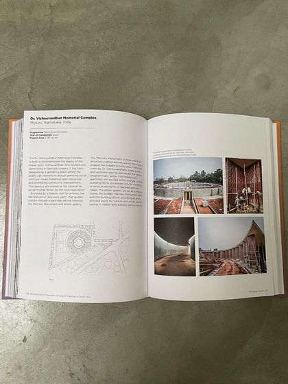 The feature on the Dr. Vishnuvardhan Memorial in "Architectures of Transition," showing construction photos and design diagrams.