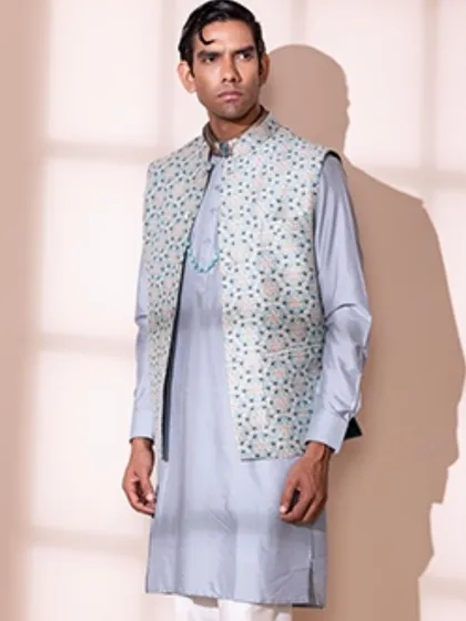 A full length view of the pastel blue bandi set, showcasing a sophisticated and modern approach to men's ethnic wear for daytime events.