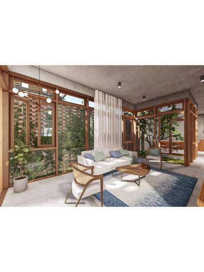 This render illustrates the living space for 'Benchmark Aradhya', enclosed by wooden screens and glass to create a strong connection to the central green courtyard.