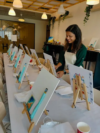 Getting the creative space ready for a day of fun! I make sure every participant has their own station with all the art supplies they need. A welcoming setup is the first step to a fantastic and inspiring workshop experience.