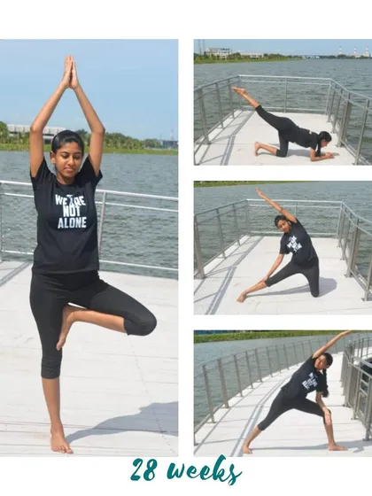 Finding balance and grace at 28 weeks with a beautiful Tree Pose by the water.