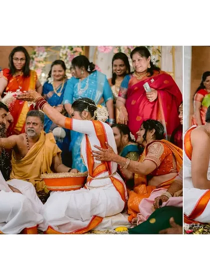 A collage capturing the blessings and playful interactions between the couple and their families during the Telugu wedding.