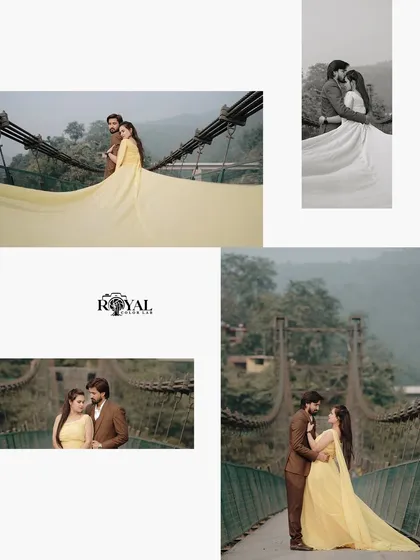 A collection of images showing a couple in elegant brown and yellow outfits, using the bridge and its surroundings for diverse shots.