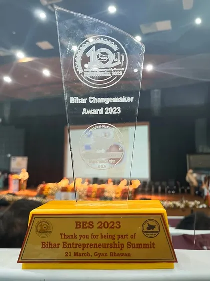 A duplicate of ID 86, this is the "Bihar Changemaker Award 2023" trophy, a symbol of our dedication to creating positive change through design.