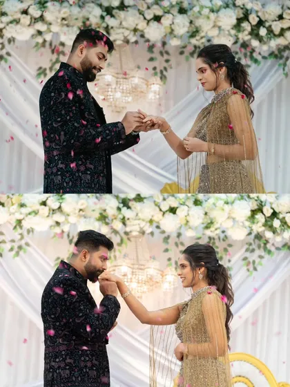 The ring exchange is a pivotal moment. We ensure the backdrop is perfect, with soft lighting and beautiful florals to frame this memory forever.