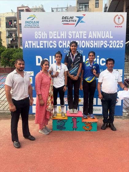 Our sprinters on the victory stand at the 85th Delhi State Annual Athletics Championships. We train athletes to perform under pressure and bring home the medals.