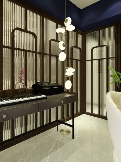 A different perspective of the music room, highlighting the elegant pendant lighting and the contrast between the dark wood panels and the bright white chairs.