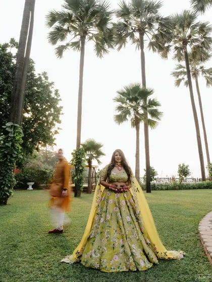 A series of artistic and candid shots of the bride and groom, showcasing their outfits and the beautiful outdoor venue.