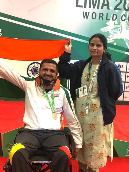 Our champion para-shooter Sriharsha Devaraddi with his wife, who is also his coach, celebrating his bronze medal win at the LIMA World Cup 2021.