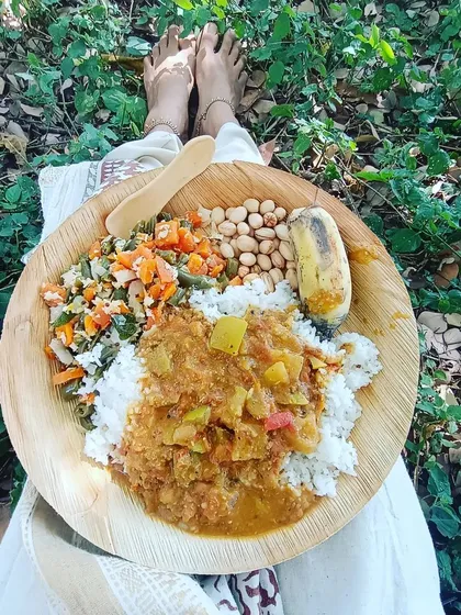 The food we eat is an important part of the yogic path. This is a simple, sattvic meal I enjoyed at the Isha ashram. Eating fresh, light, and natural food supports your sadhana, bringing balance and vitality to your system.