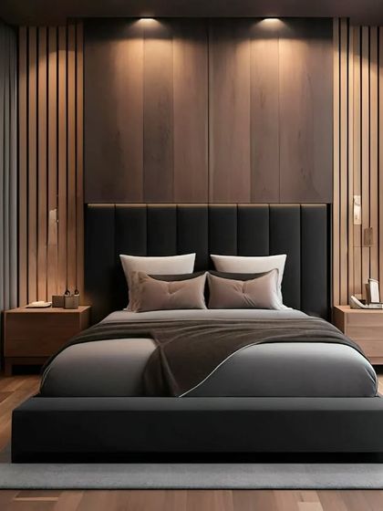 A minimalist bedroom design with a focus on texture. The dark wood-paneled accent wall and simple platform bed create a moody and sophisticated atmosphere perfect for relaxation.