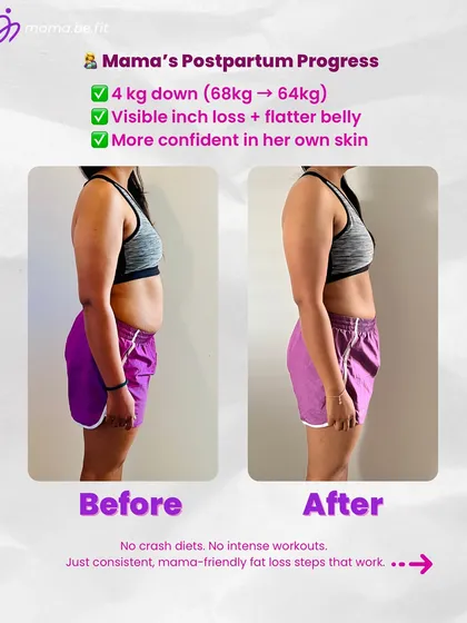 Here is a side view of Deepa's progress. She is 4 kg down with visible inch loss and a flatter belly, all achieved without crash diets or intense workouts. Just consistent, mama-friendly steps that work.
