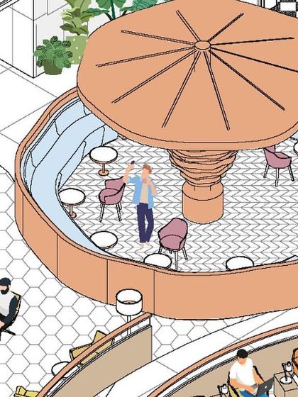 An axonometric illustration of the 080 Lounge at Bangalore International Airport, created using Revit. This drawing details a circular seating pod, showcasing our ability to model complex, custom furniture and layouts.