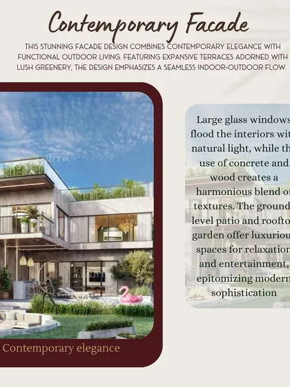 A breakdown of a contemporary facade design, this graphic points out how large glass windows, expansive terraces, and a mix of concrete and wood create a harmonious blend of textures for modern outdoor living.