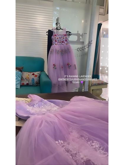 We love working with soft, dreamy colors. Here you can see two of our lavender creations for Baby MYME, one with delicate floral embroidery and another with intricate white applique work on tulle.