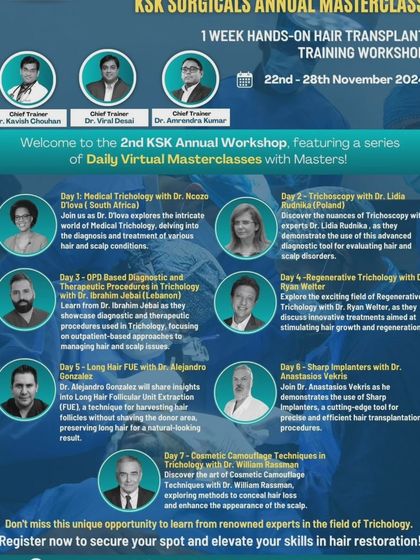 Our annual workshop features a series of masterclasses on advanced topics, including Long Hair FUE with Dr. Alejandro Gonzalez and Regenerative Trichology with Dr. Ryan Welter.