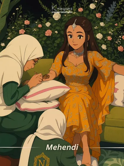 A serene, Ghibli-inspired illustration of a bride getting her Mehendi done, capturing the beauty and tradition of the moment.