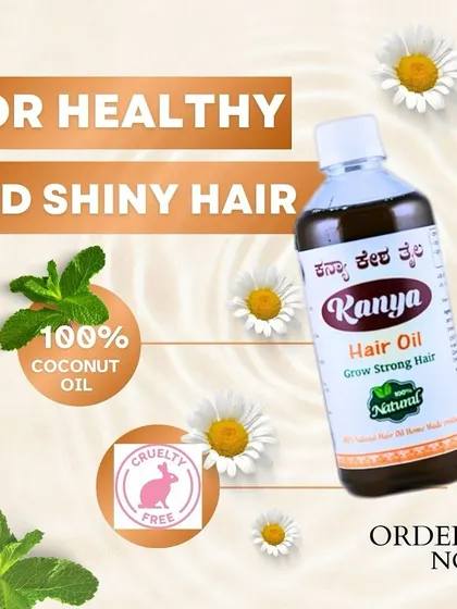 A bottle of my Kanya Hair Oil, highlighting its 100% coconut oil base and my commitment to cruelty-free products. It's made for achieving healthy, shiny hair.