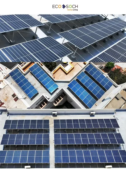 Detailed top-down and angled shots of rooftop solar panel installations for EcoSoch Solar. This highlights our precision and ability to handle specialized industrial and commercial projects.