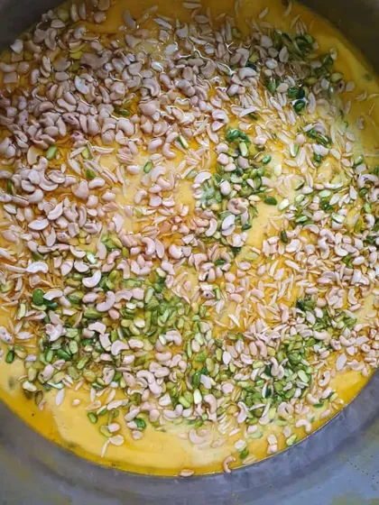 A close look at my Dry Fruit Rabdi getting prepared. It's thick, creamy, and full of rich ingredients like cashews and pistachios. I make sure every dessert is as memorable as the main course.
